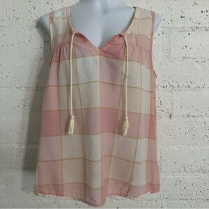 Toad & Co Womens Top L Pink Plaid Sleeveless Hassle Tie Neck Organic Cotton